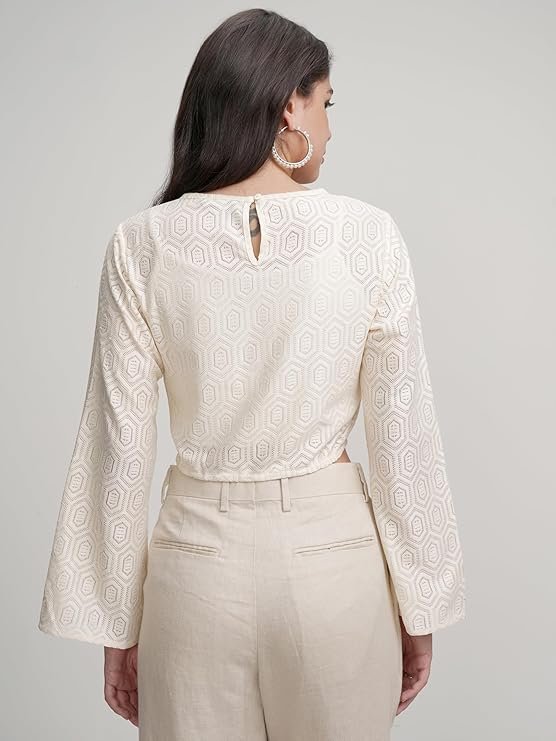 Tokyo Talkies Women's Bell Sleeve Crop Crochet Top | Closed Round Neck | Chic & Bohemian | Perfect for Festivals, Vacations & Casual Outings | Tops for Woman | Women Tops | Women Crop Top - Image 3