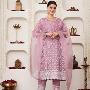 Myx Women's Blend Regular Embroidered Cotton Kurta Pant Set with Organza Dupatta