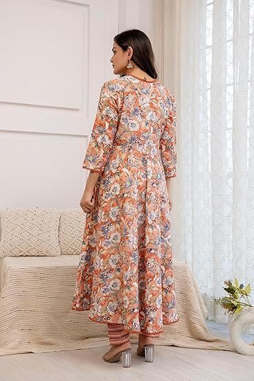 PARTHVI Women's Printed Cotton Anarkali Kurta & Pant With Dupatta Set - Image 4