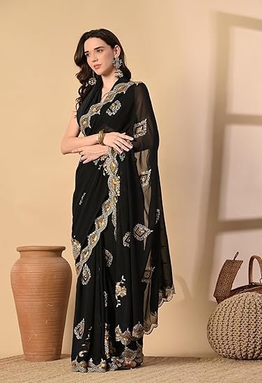 THE WEAVERS SHOP BY RAAVI Pure Georgette Black Saree With Attached Blouse Piece - Image 4