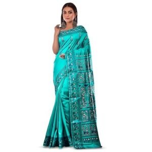 PRANTIKA Women's Bishnupuri Katan Silk Meenakari Baluchari Swarnachari Bengal Saree Sea Green