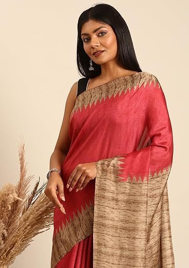 TAASHI Stylish Women Tussar Saree Temple Border Printed Body Traditional Temple Border Plain Pallu Plain Blouse - Image 3
