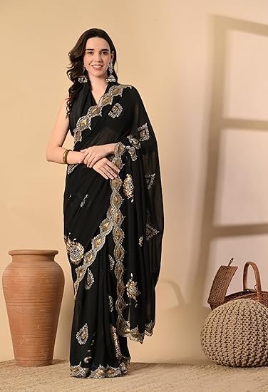THE WEAVERS SHOP BY RAAVI Pure Georgette Black Saree With Attached Blouse Piece - Image 6