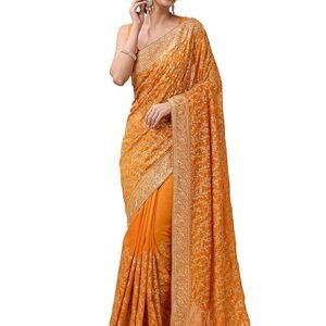 TRENDMALLS Women's Vichitra Silk Embroidery, Siroski Stone Work Saree