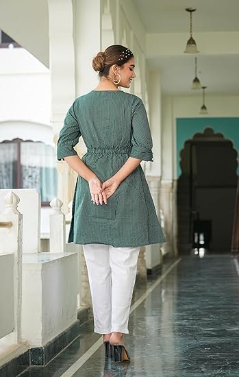 Yash Gallery Women's Kantha Cotton Striped Printed 3/4 Sleeve Round Neck Straight Short Kurta Tops - Image 5