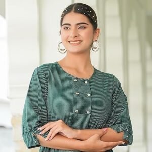 Yash Gallery Women's Kantha Cotton Striped Printed 3/4 Sleeve Round Neck Straight Short Kurta Tops