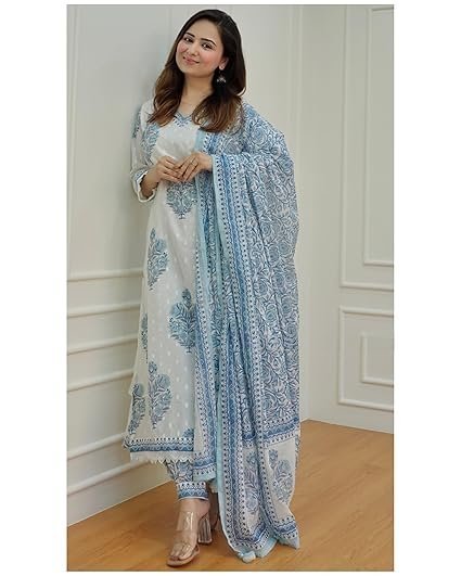 Arayna Women's Cotton Printed Floral Straight Kurta with Palazzo Pants and Dupatta - Image 4