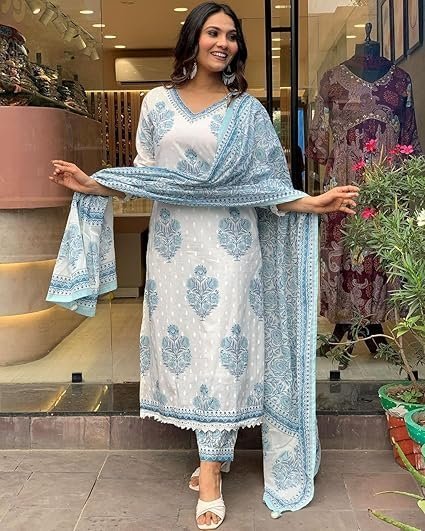 Nermosa Women Cotton Block Printed Kurta Pant With Dupatta - Image 4