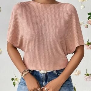 Zilcon Women Fashion Fall Batwing Half Sleeve Shirts Boat Neck Oversized Tunic Tops Casual Waffle Knit Shirts Tops for Women