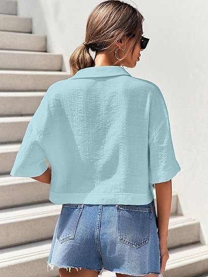TOPLOT V-Collar Solid Crop Shirt for Women with Half Sleeves - Image 4