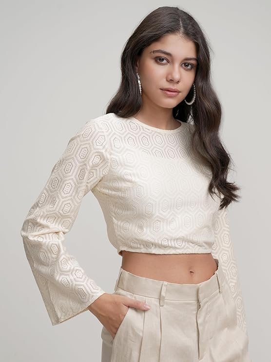 Tokyo Talkies Women's Bell Sleeve Crop Crochet Top | Closed Round Neck | Chic & Bohemian | Perfect for Festivals, Vacations & Casual Outings | Tops for Woman | Women Tops | Women Crop Top - Image 4