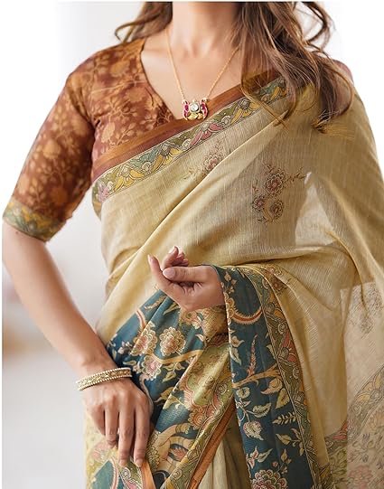 SIRIL Women's Cotton Linen Printed Handloom Saree with Unstitched Blouse Piece - Image 4