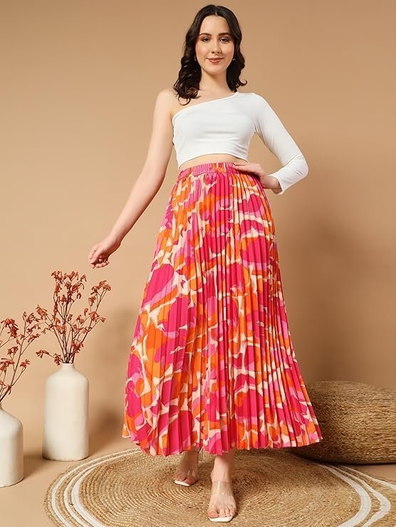 KZULLY | Fashionable Floral Printed Pleated | Maxi Length Long Skirt | Lightweight & Multicolours | Comfortable Elastic Waist for Women's - Image 6