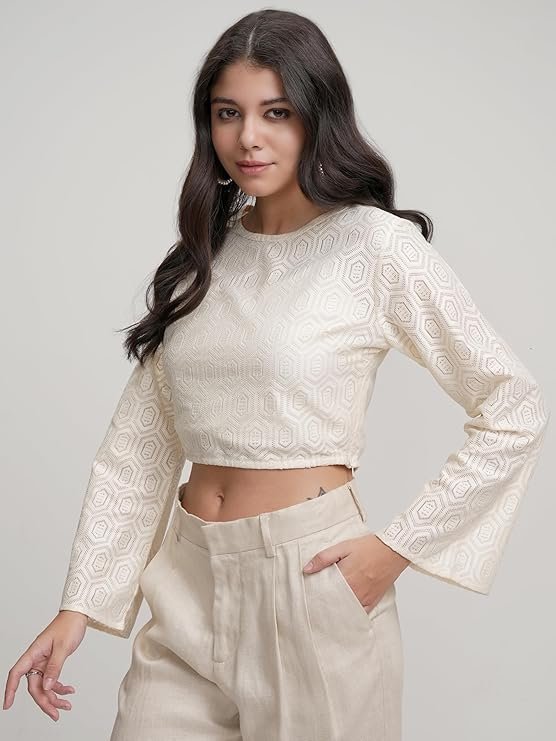 Tokyo Talkies Women's Bell Sleeve Crop Crochet Top | Closed Round Neck | Chic & Bohemian | Perfect for Festivals, Vacations & Casual Outings | Tops for Woman | Women Tops | Women Crop Top - Image 2
