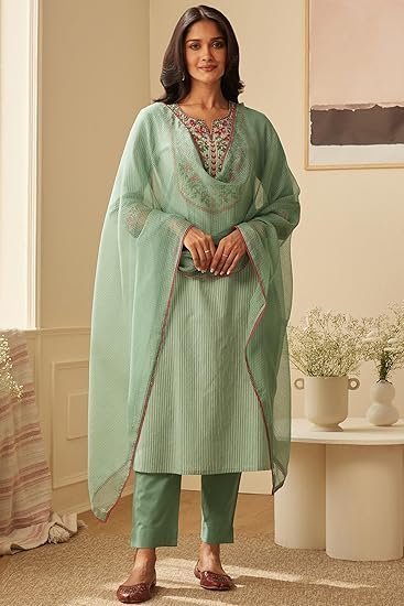 GoSriKi Women's Cotton Blend Embroidered Straight Kurta with Pant & Dupatta - Image 4