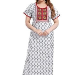 TRUNDZ Women's Cotton Embroidered Maxi Nighty (NTY2378_White_Free Size)