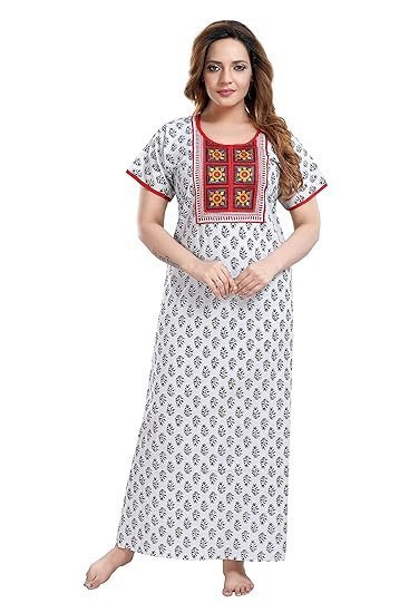 TRUNDZ Women's Cotton Embroidered Maxi Nighty (NTY2378_White_Free Size)