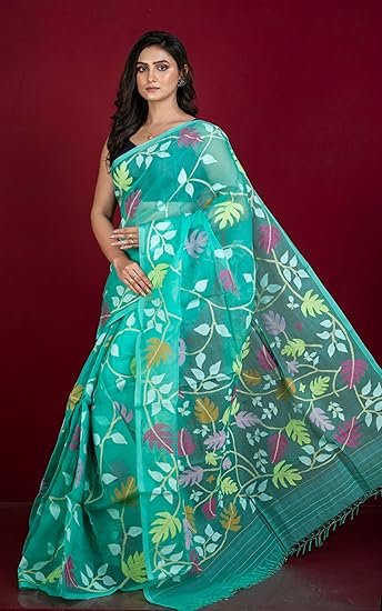 Bengal looms India - Jangla Jaal Work Muslin Dhakai Jamdani Silk Saree for Women - Image 3