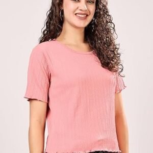 Slim Fit Textured Stretchable Round Neck Textured Knit Short Sleeve Pink Crop Top for Women