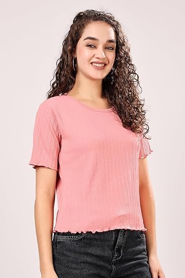 Slim Fit Textured Stretchable Round Neck Textured Knit Short Sleeve Pink Crop Top for Women
