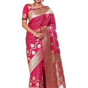 HerClozet Women's Banarasi Katan Silk Gold Zari Saree-6.3 Mtr(Dark Pink;Golden)