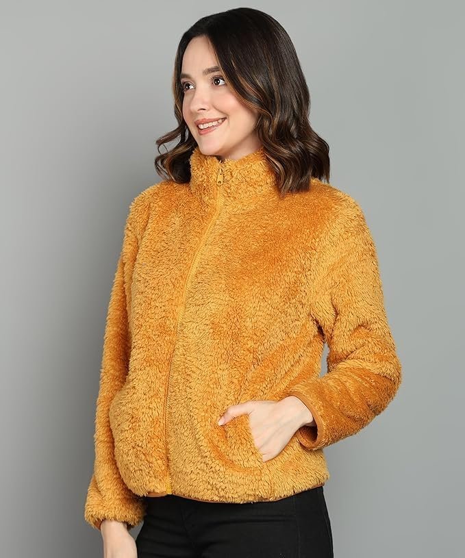 Alan Jones Clothing Women’s Fluffy Yarn Fleece Full-Zip Jacket | Soft Lightweight Warm Outerwear with Stand Collar & Piping at Hem & Cuffs - Image 4