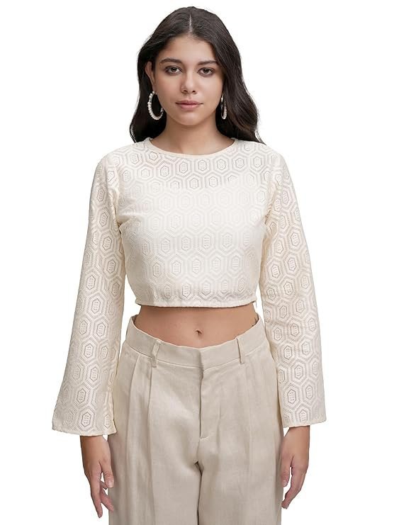Tokyo Talkies Women's Bell Sleeve Crop Crochet Top | Closed Round Neck | Chic & Bohemian | Perfect for Festivals, Vacations & Casual Outings | Tops for Woman | Women Tops | Women Crop Top