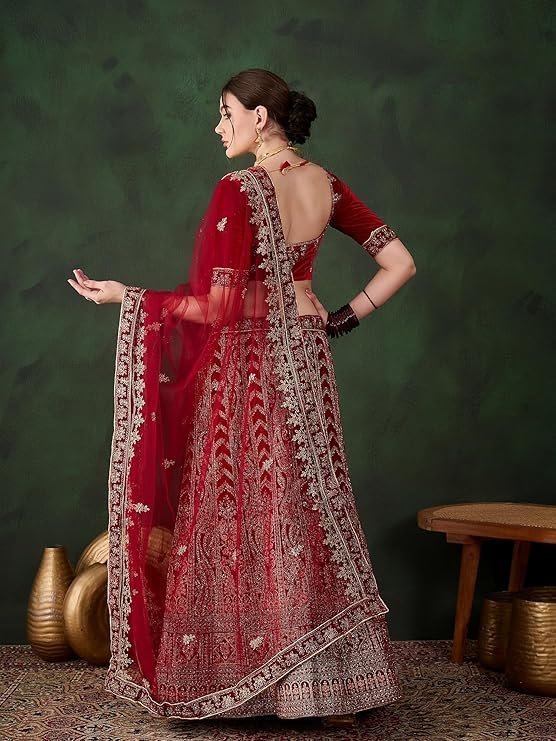 Women'S Maroon Semi-Stiched Heavy Zari Embroidery Velvet Lehenga Choli (MRSSKTVVH7734) - Image 6