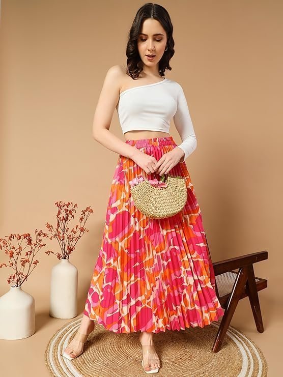 KZULLY | Fashionable Floral Printed Pleated | Maxi Length Long Skirt | Lightweight & Multicolours | Comfortable Elastic Waist for Women's - Image 2