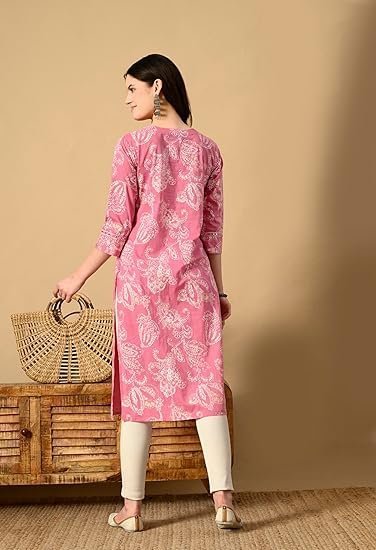 Women's Pure Cotton Embroidered Straight Kurta || Women's Cotton 3/4th Sleeve Stylish Kurtis, Office Wear, Latest Fashion Kurta for Ladies - Image 3