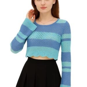 ICW Women's Korean Style Knitted Sheer Crochet Long Sleeve Hollow Out Colour Block Print Crop Top T-Shirt Sweater (One Size Fit XS-S-M Bust 32-36 Inch) 29