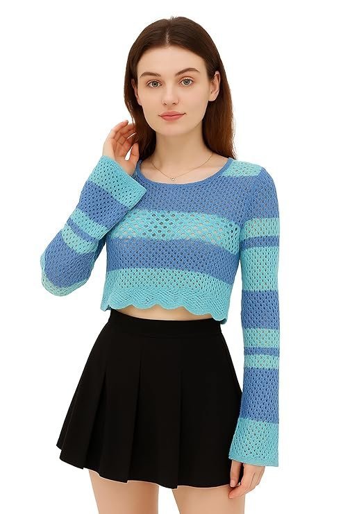 ICW Women's Korean Style Knitted Sheer Crochet Long Sleeve Hollow Out Colour Block Print Crop Top T-Shirt Sweater (One Size Fit XS-S-M Bust 32-36 Inch) 29