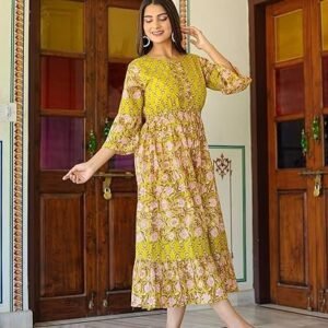 Yash Gallery Women's Cotton Floral Printed Anarkali Maxi Dress