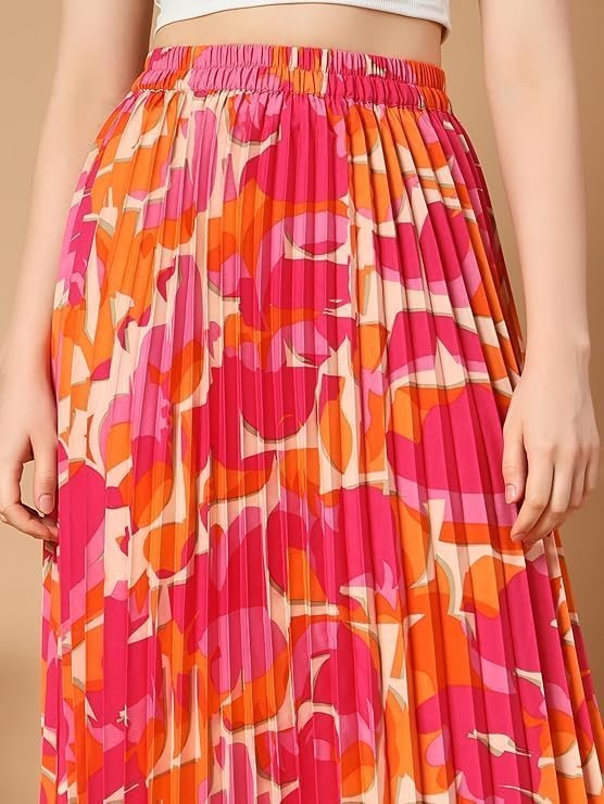 KZULLY | Fashionable Floral Printed Pleated | Maxi Length Long Skirt | Lightweight & Multicolours | Comfortable Elastic Waist for Women's - Image 3