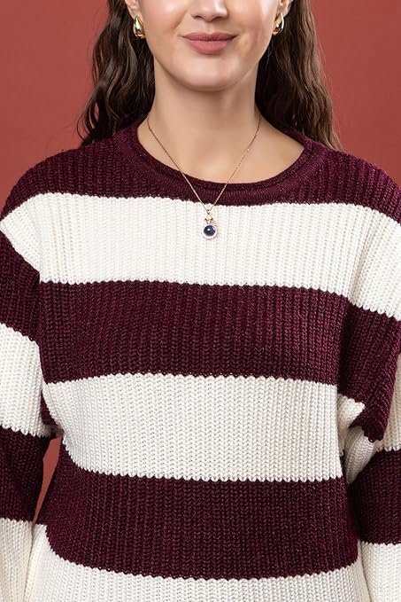 Wear lusso Women’s 100% Wool Color Block Stripe Full Sleeve Round Neck Pullover Sweater | Winter Season Fashion - Image 5