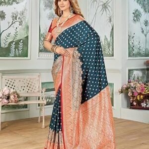 Mehrang Women's Banarasi Silk Kanjivaram Saree For Wedding With Pure Zari Work, Woven Design, With Unstitched Blouse Piece