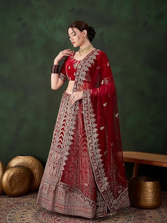 Women'S Maroon Semi-Stiched Heavy Zari Embroidery Velvet Lehenga Choli (MRSSKTVVH7734) - Image 7