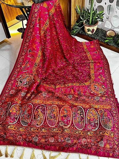 Veglari Women's Kanchipattu Hand Work Pure Jari Wewing Original Kanjivaram Jacqurad Rajwadi Print Kalmkari Sarees - Image 4